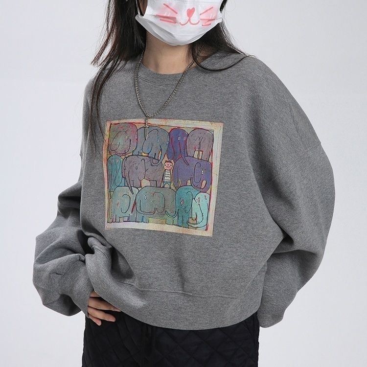 美式复古卡通印花圆领卫衣女小个子短款超宽松慵懒风春秋2025长袖