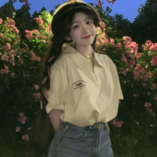 宽松休闲短袖 2024夏季 韩版 新款 t恤女潮 国潮半拉链英文印花Polo衫