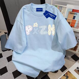 时尚款韩版简约通勤短袖t恤女夏季休闲百搭宽松情侣圆领上衣ins