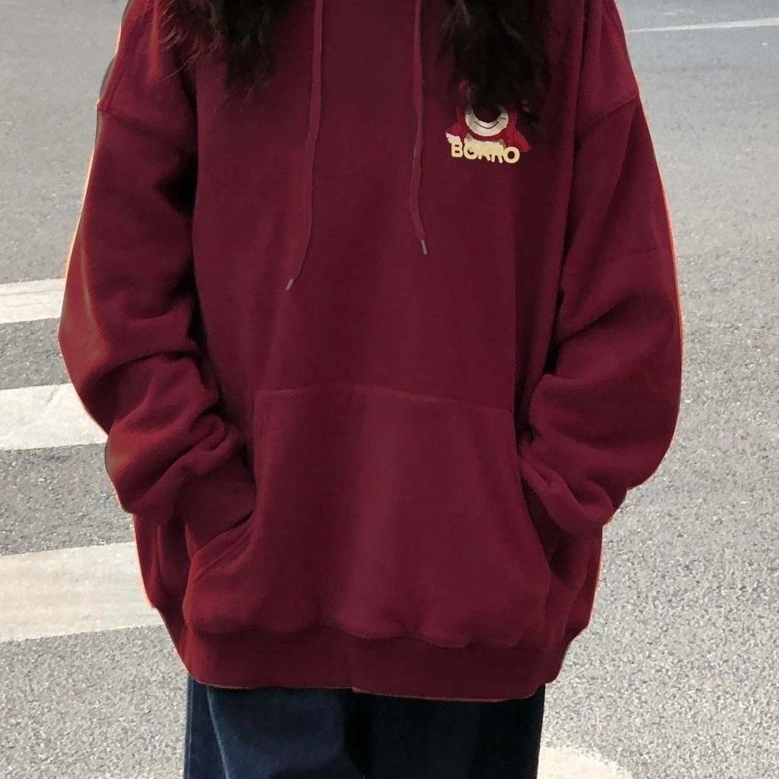 落肩加绒卫衣女秋冬新款ins设计感连帽小众大码宽松百搭长袖上衣