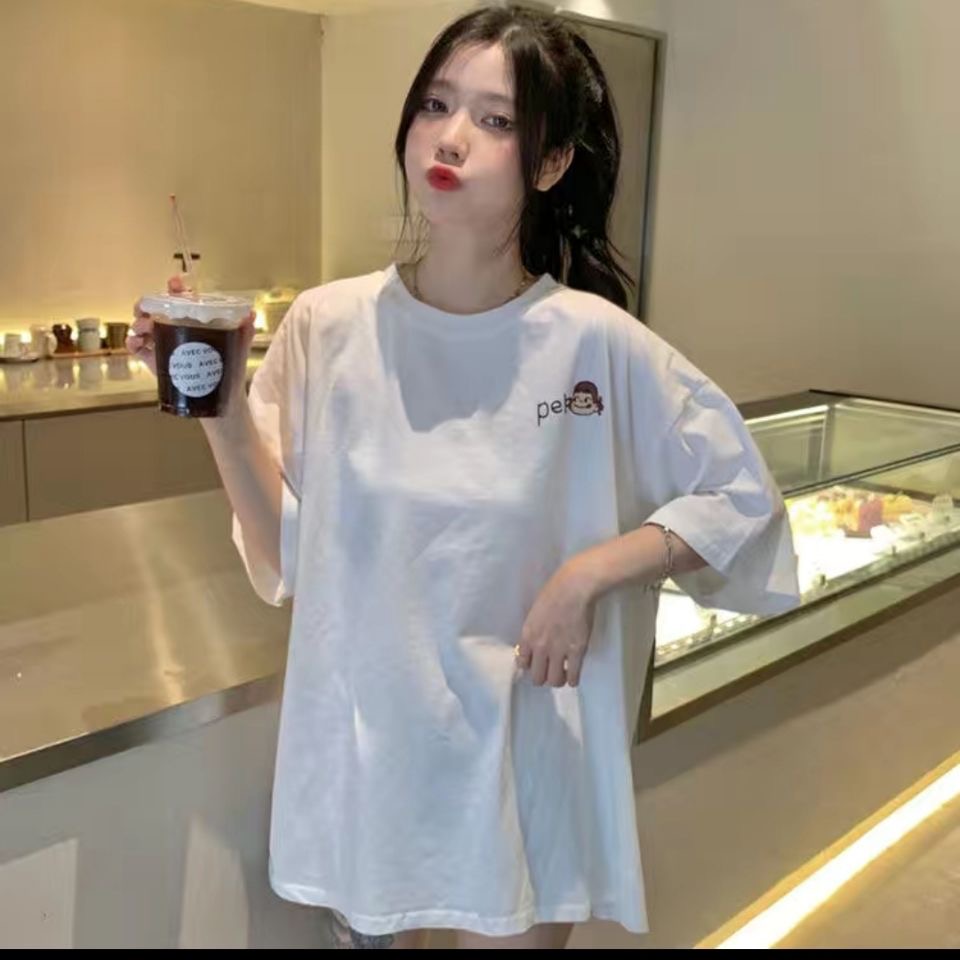 短袖t恤女2025夏季印花简约新款韩版ins潮卡通女孩图案宽松中长款