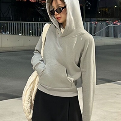 2025新款小个子加绒加厚宽松灰色短款连帽卫衣女秋冬帽衫内搭上衣