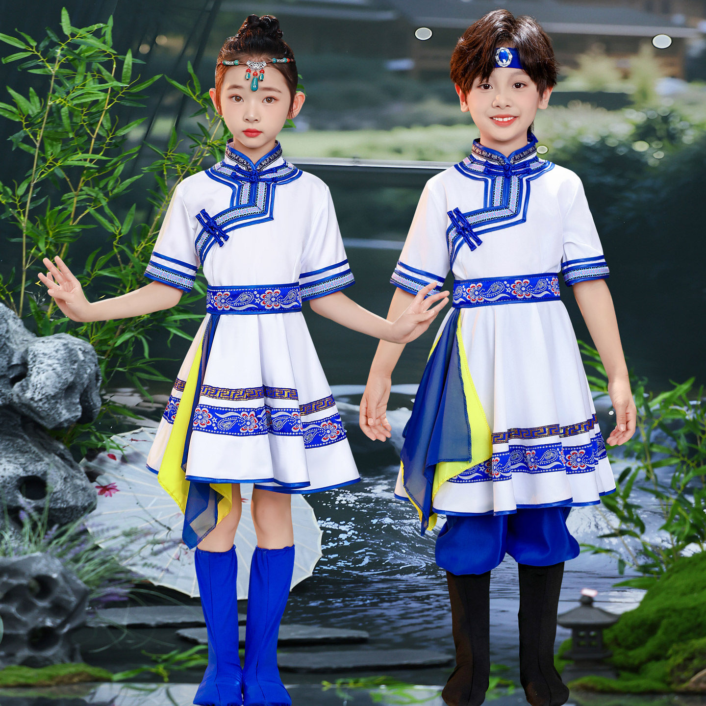 蒙古族舞蹈服短袖儿童男女童少数民族服装新款演出服筷子舞蒙古袍图片