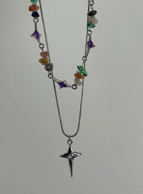 极速双层叠d戴彩色碎石十字架项链女轻奢小众ins嘻哈设计感锁骨链