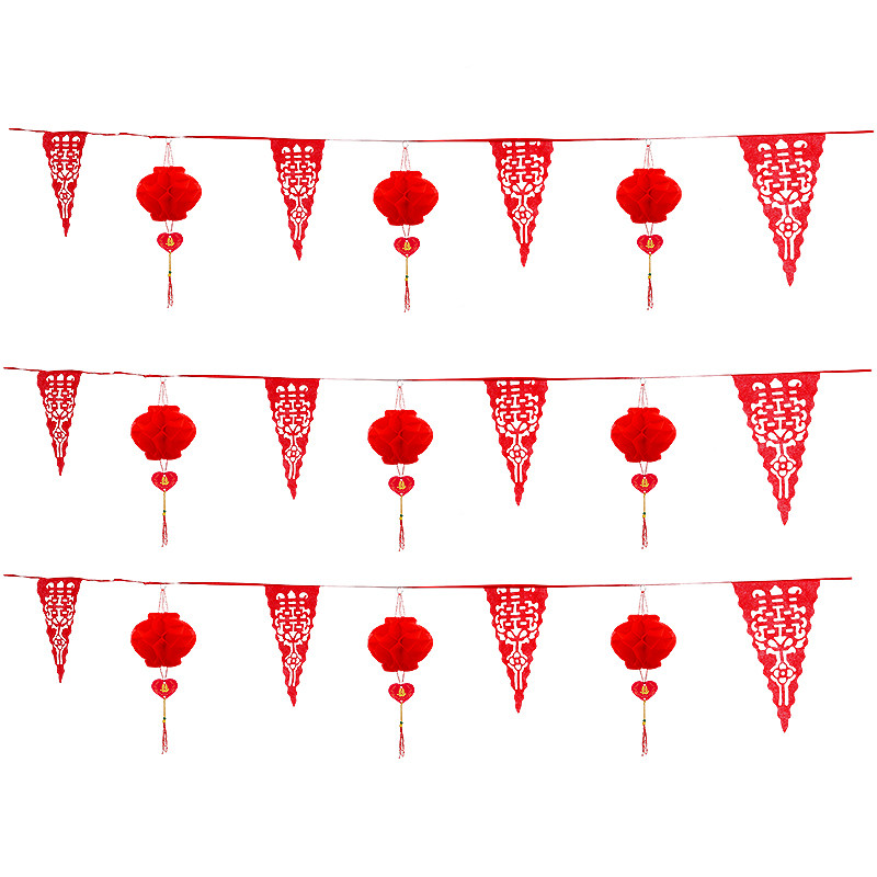 新品结婚彩旗装饰农村院子红灯笼小D婚礼室外场景布置拉花婚庆用