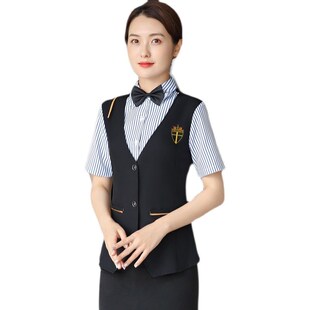 极速短袖酒店服务员工作服职w业马甲衬衫假两件饭店西餐厅酒吧工