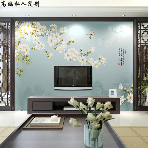 新品新中式c电视背景墙壁纸18d玉兰花鸟墙布3d客厅沙发墙纸影视墙