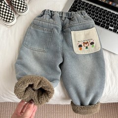 女童加绒裤子秋冬加厚牛仔t裤休闲时髦儿童保暖冬季一条过冬男韩