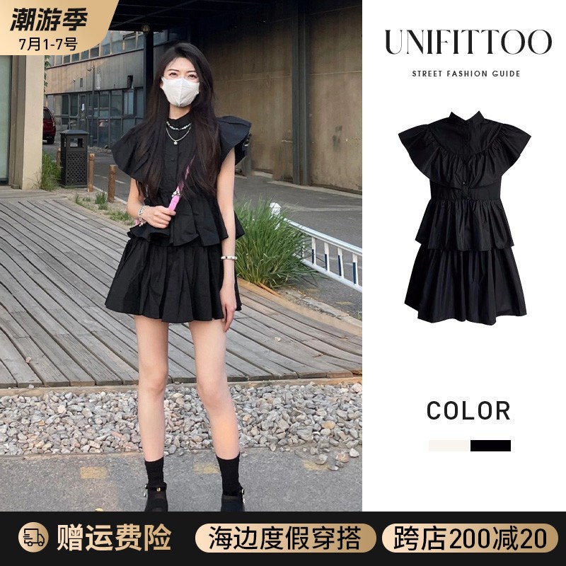 小个子飞袖d蛋糕短裙黑色连衣裙子女装夏季绝美设计感小众高级法