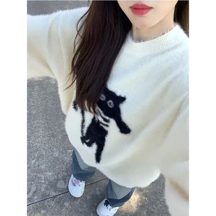 美式 秋冬 猫咪慵懒风宽松圆领毛衣女套头毛I绒针织衫 加厚上衣长袖