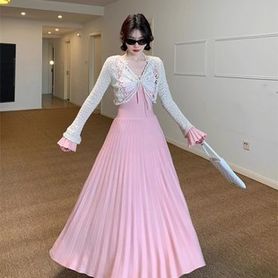 潮 法式 甜美多巴胺粉j色连衣裙女2025春季 开衫 A字长裙海边度假套装