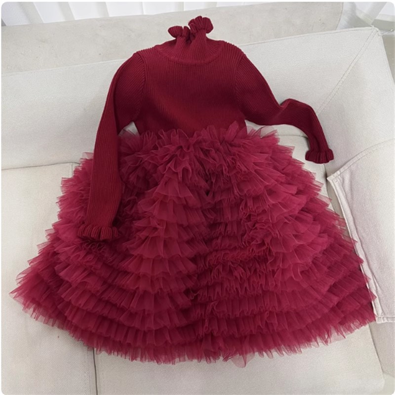 红色礼服女童秋冬主持人高端连z衣裙高级感生日裙子女孩儿童公主