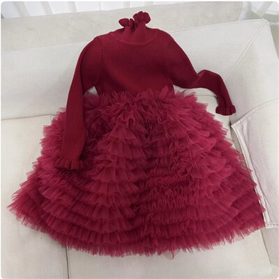 红色礼服女童秋冬主持人高端连z衣裙高级感生日裙子女孩儿童公主