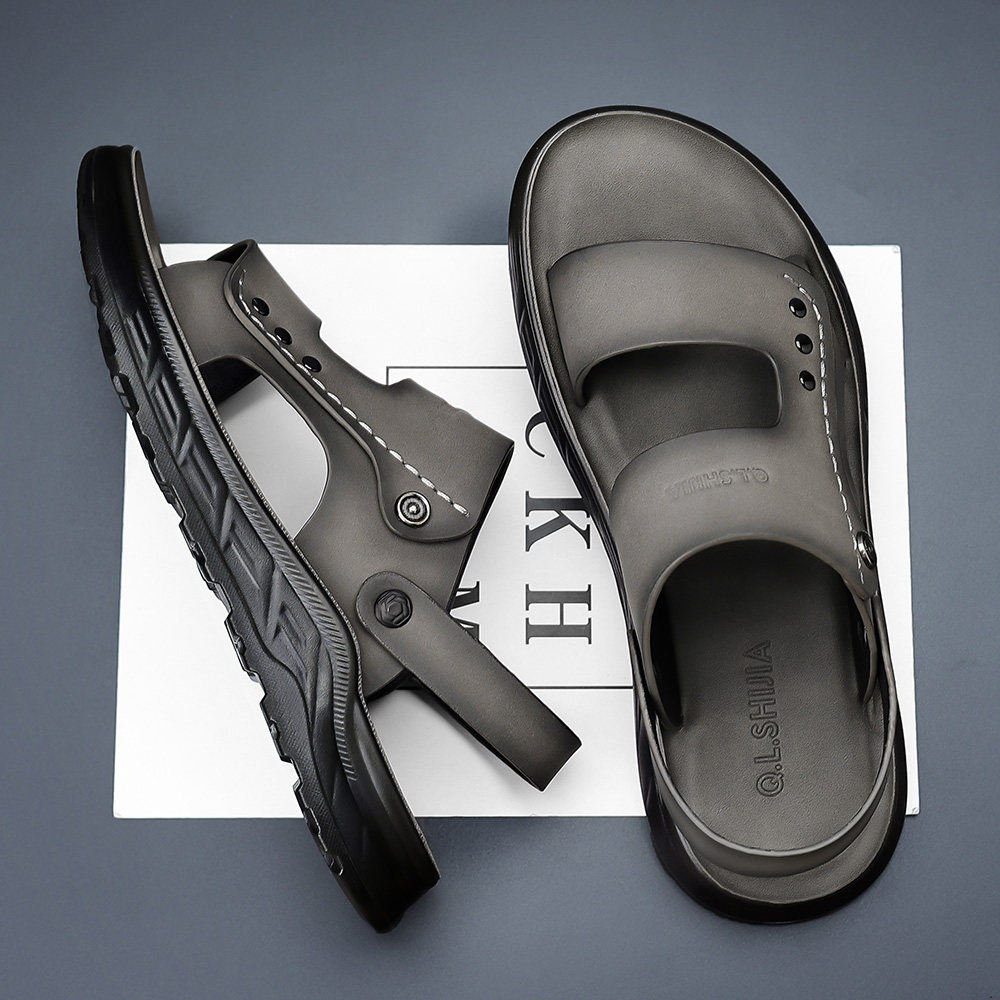 群狼世家凉鞋男2024新款夏季外穿真皮沙滩鞋防滑厚底两用爸爸拖鞋