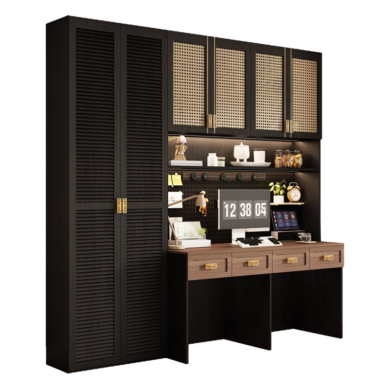 实木书桌书柜一体组合电脑桌家用卧室学生新中式复古藤编书桌子