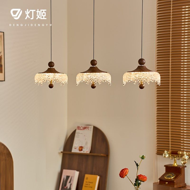 法式中古风水滴吊灯复古胡桃木色仿水晶高级感餐厅卧室床头小吊灯,家装灯饰光源,床头/玄关/吧台/过道吊灯,淘宝优惠券,粉丝福利购,淘宝优惠卷