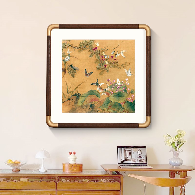 方形简约花鸟挂画新n中式客厅背景墙装饰画餐边柜玄关柜实木框壁图片