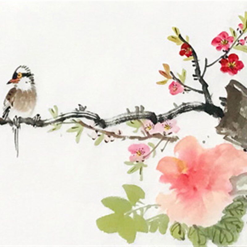 手绘真迹四尺对开水墨画国画卧室书房花鸟挂画装饰横幅牡丹桃花图