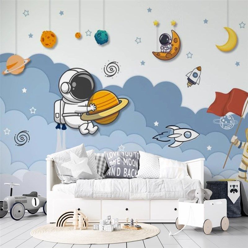 卡通儿童房壁纸男孩房间背景墙壁布宇航员壁画装饰墙贴画卧室墙布,家装主材,定制壁画,淘宝优惠券,粉丝福利购,淘宝优惠卷