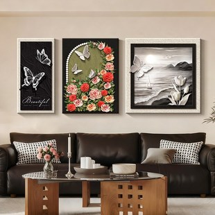 新款蝴蝶沙发背景墙装饰画客厅墙上面挂画高级感三联黑白艺术壁画