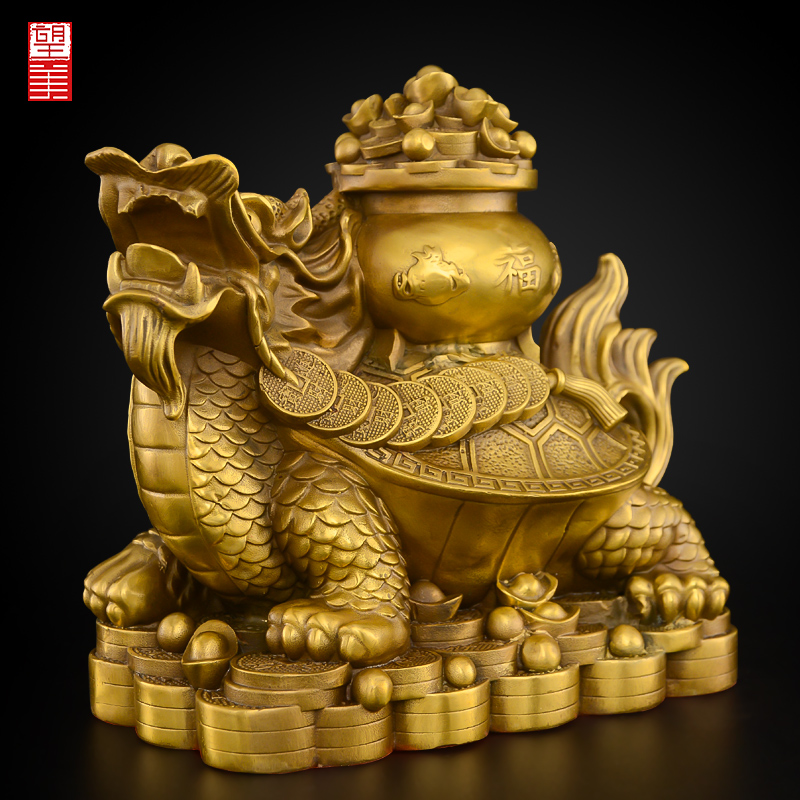 龙龟摆件黄铜霸下聚宝盆龙头龟一对招子母进宅开业财X大号客厅摆