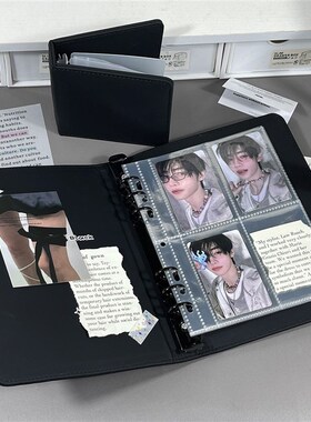 ins风高级纯h黑色PU卡册A5四宫格小卡皮质收纳册可拆卸活页夹相册