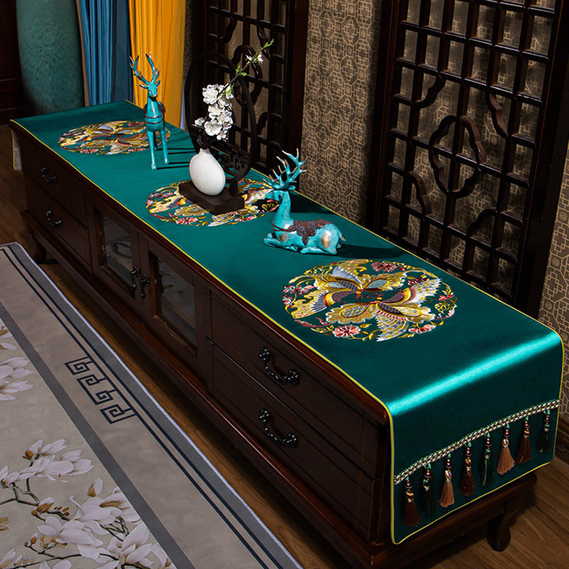 新中式电视柜巾绣花桌布盖巾布艺家用餐桌垫茶几台布长方形防尘罩