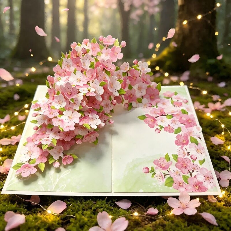 新鲜樱花3D跨境立体贺卡高颜值加厚贺卡留言祝福卡