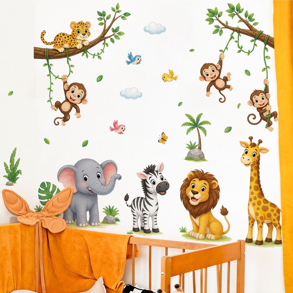 宝宝房间背景墙可爱猴子大象墙贴幼儿园布置装饰贴纸墙贴画
