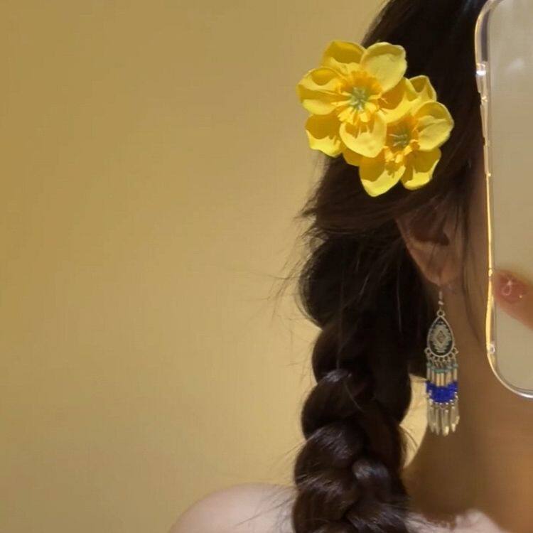 氛围感黄色双生花朵发夹甜美侧边发卡度假头饰头花