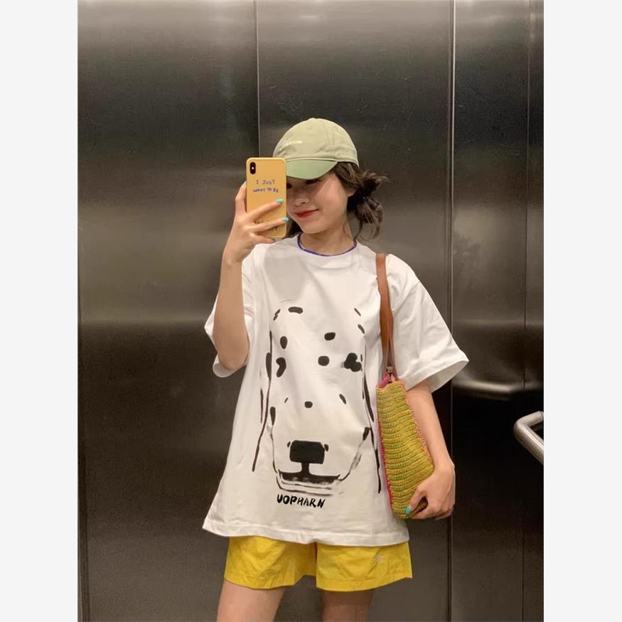 美式高街白色正肩短袖T恤女夏季初中高中学生宽松狗狗印花上衣潮