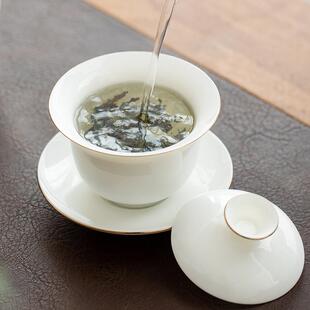高端羊脂玉白瓷茶碗大号单个家用薄胎功夫三才纯白陶瓷盖碗王涛一