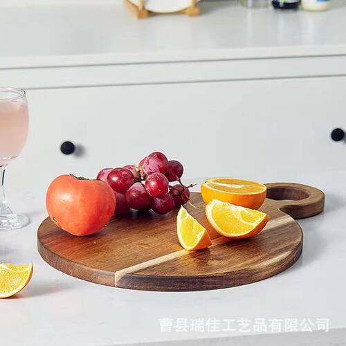 圆形实木砧板简约双面可用相思木切菜板带把手芝士面包板木质砧板