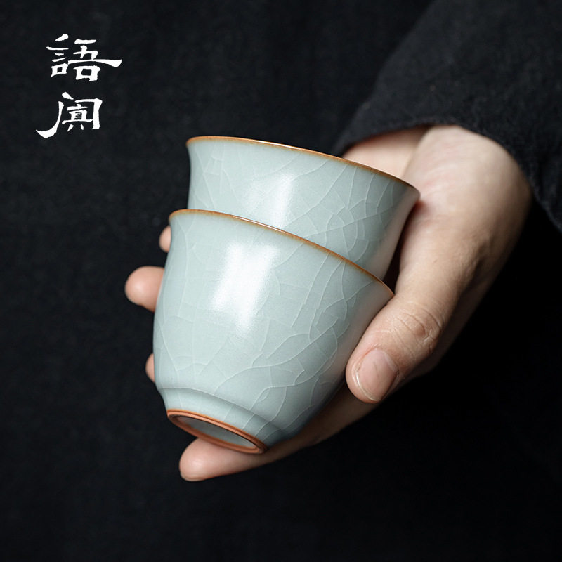 台湾丰子汝窑茶杯汝瓷情侣对杯开片可养青瓷茶盏陶瓷茶具品茗杯