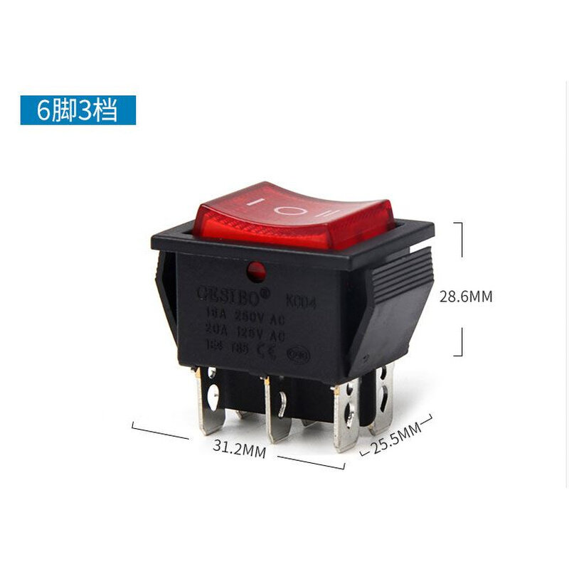 船型开关电源 船形 6脚3挡kcd4 正反转翘板按钮三档六脚 带灯红