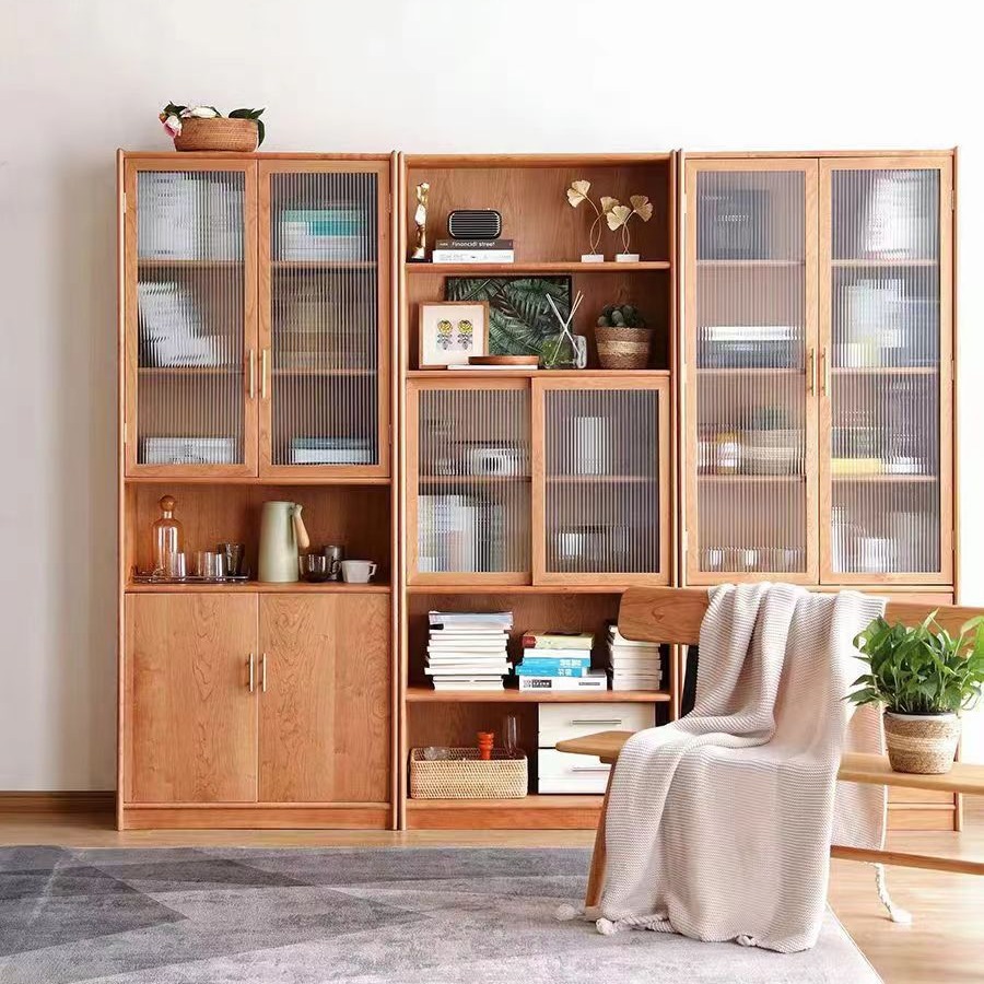 北欧简约实木自由组合书柜现代樱桃木书架置物架落地黑胡桃木书柜