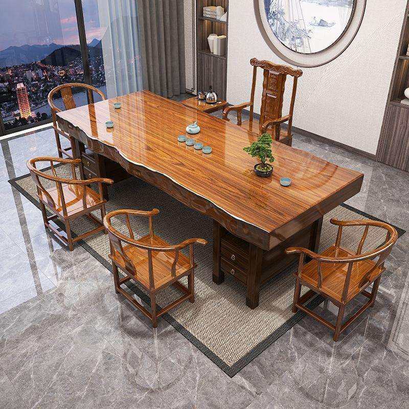 实木原木整板大板茶桌椅套装组合一桌五椅新中式茶几办公室泡茶台