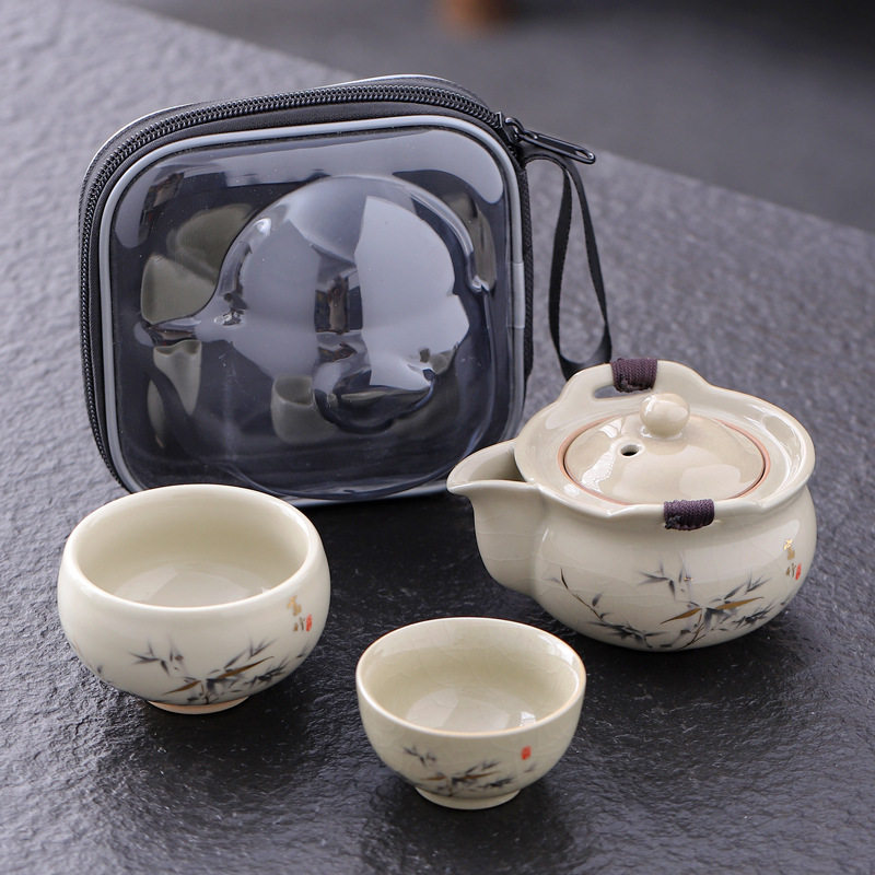 青花米黄汝窑旅行茶具套装一壶二杯户外便携缠枝莲陶瓷复古泡茶壶