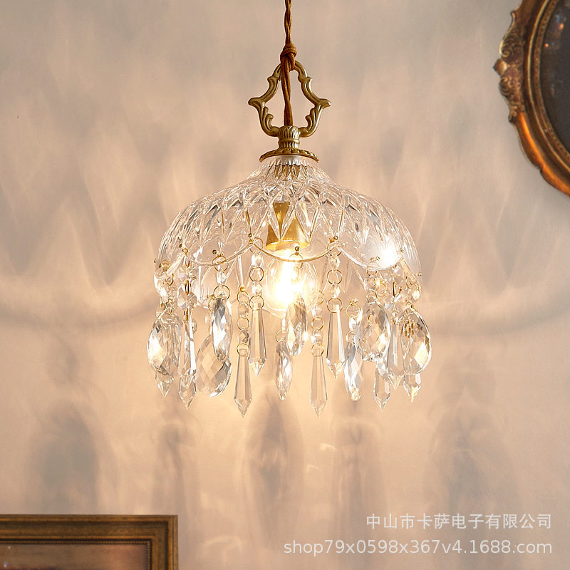 全铜复古轻奢水晶玻璃小吊灯过道玄关床头阳台走廊衣帽间法式灯具