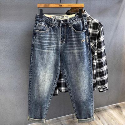 微胖男士九分裤高端哈伦萝卜老爹干净痞帅锥形粗腿显瘦牛仔裤男女