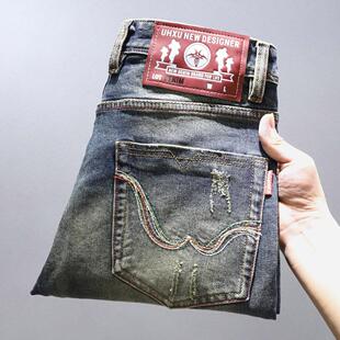高端复古牛仔裤男款美式做旧抓痕高级感欧货潮流弹力修身小直筒