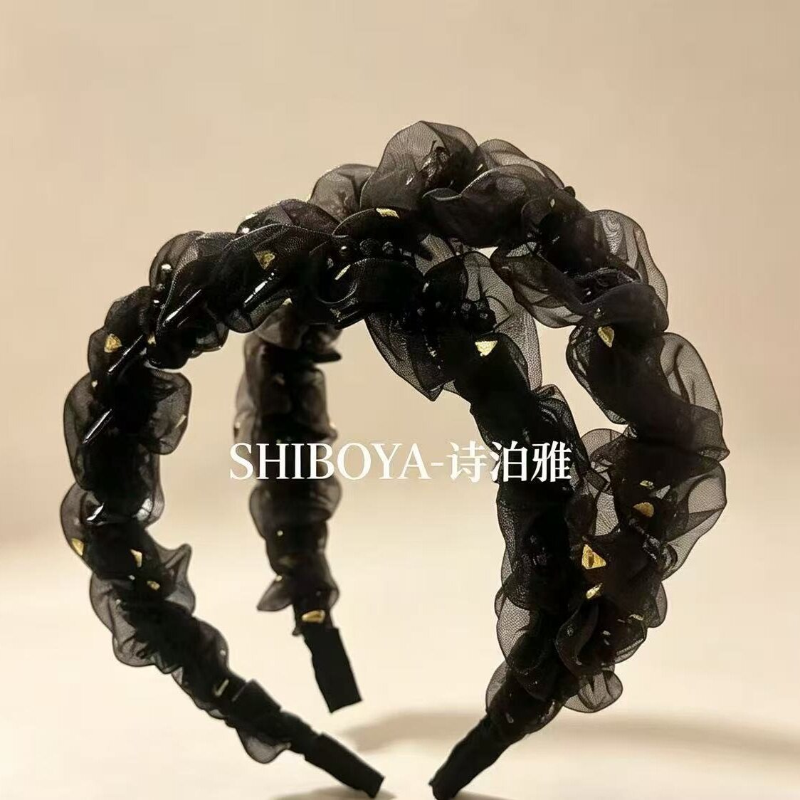 诗泊雅 细闪金光~春日网纱褶皱齿梳发箍女增高颅顶头箍洗脸发卡