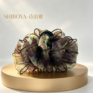 诗泊雅·高定法式油画风印花雪纺抓夹轻奢荷叶边纱质温婉鲨鱼夹