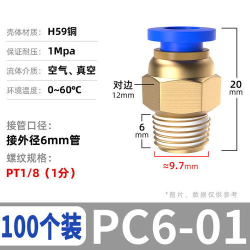 气管快速接头快插软管高压空压管直通螺纹气动气嘴PC4/6/8/10/12