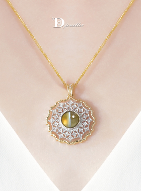 【珠宝人DD】现货18k金镶嵌金绿宝猫眼石吊坠蜜糖色CGTL套系