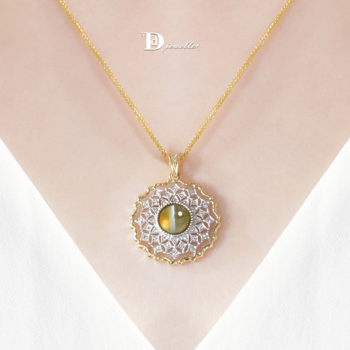 18k金镶嵌金绿宝猫眼石吊坠