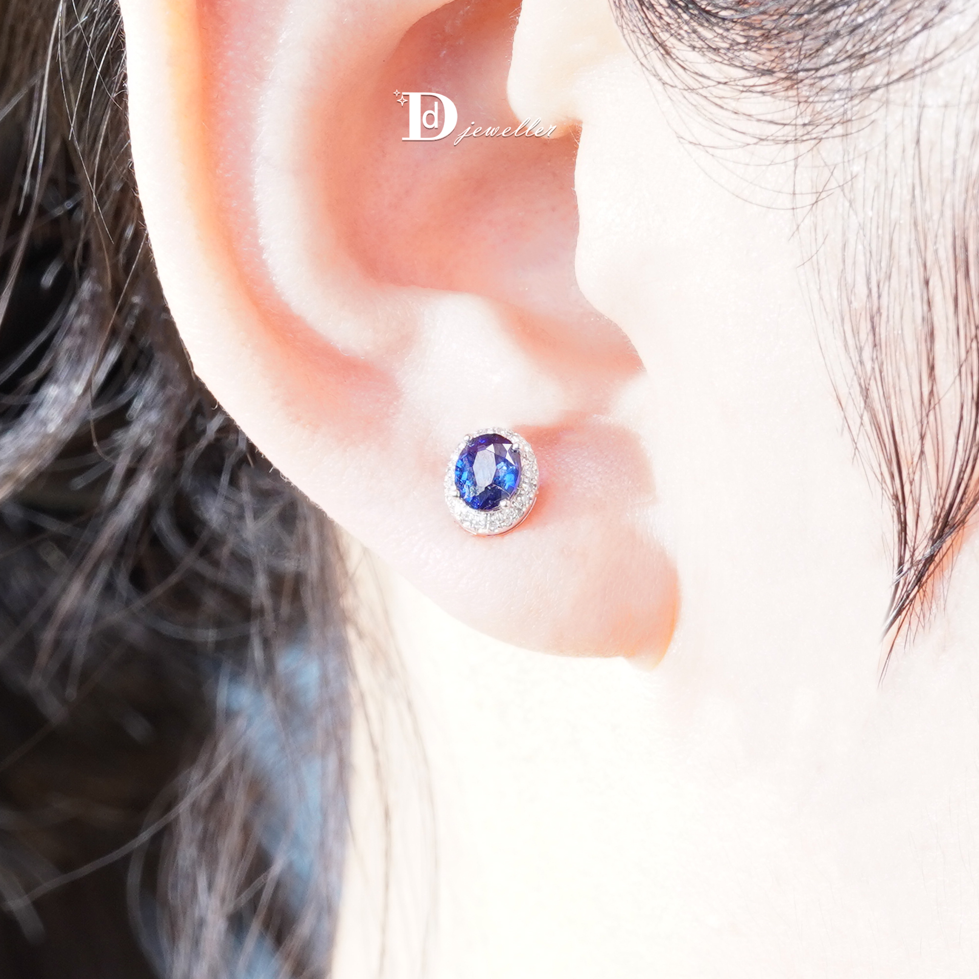 18k金蓝宝石耳饰钻石围镶耳钉