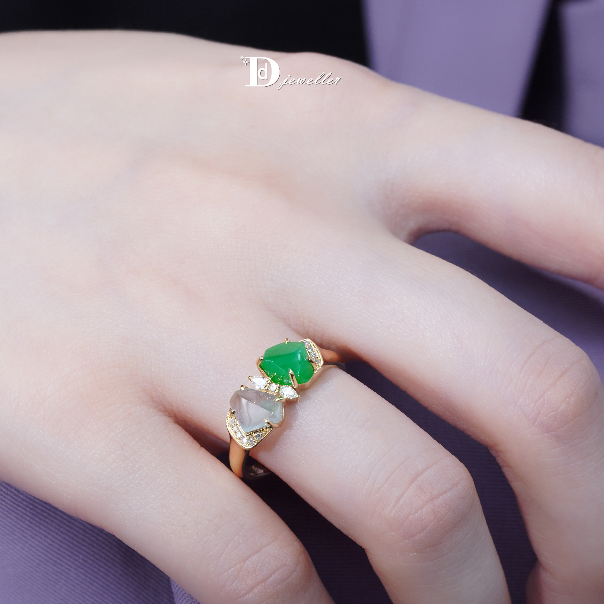 18k金缅料翡翠A货戒指指环