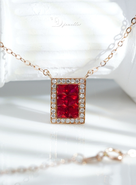 【珠宝人DD】现货18k金镶嵌红宝石无事牌钻石围镶项链CGRL