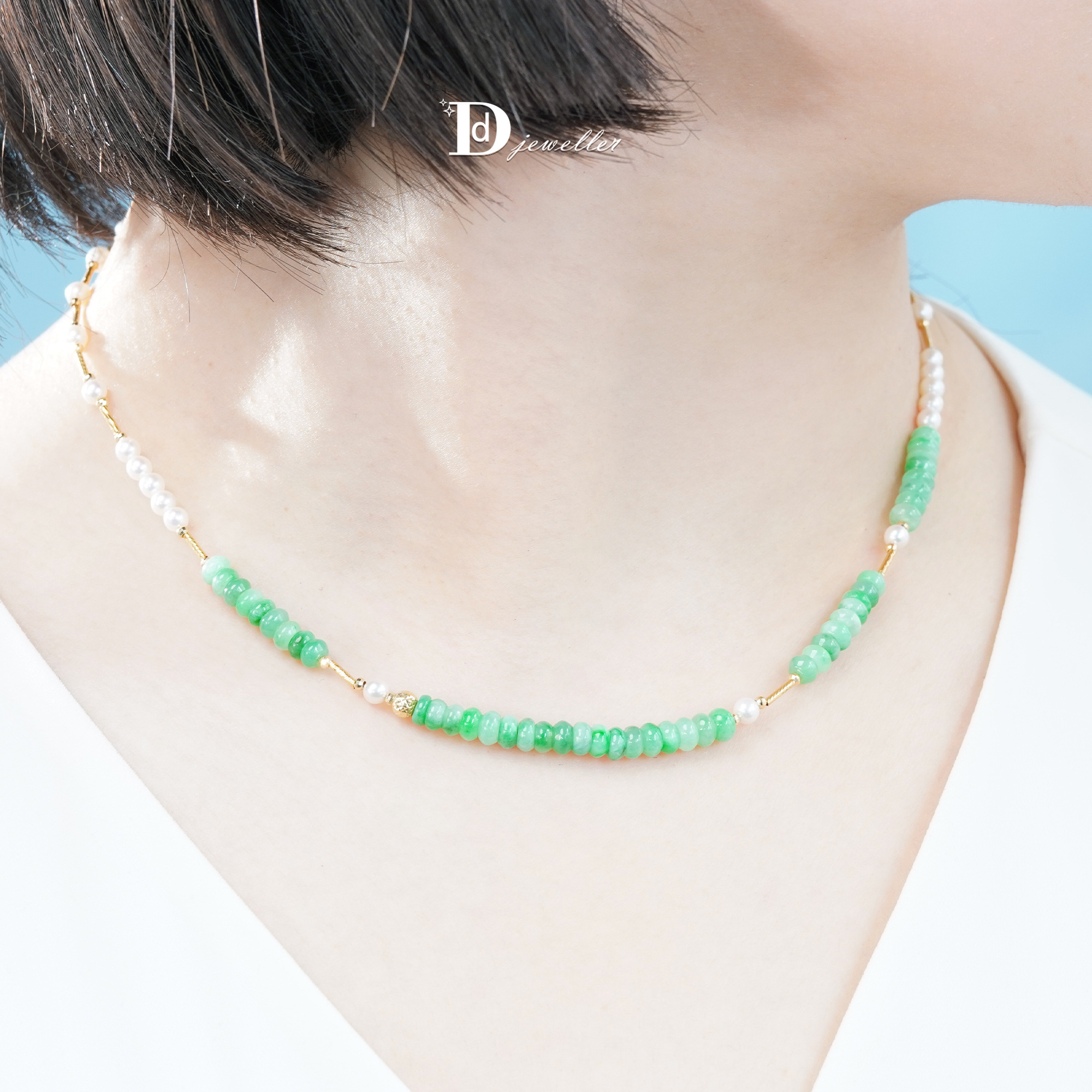 18k金翡翠A货项链淡水珍珠锁骨链